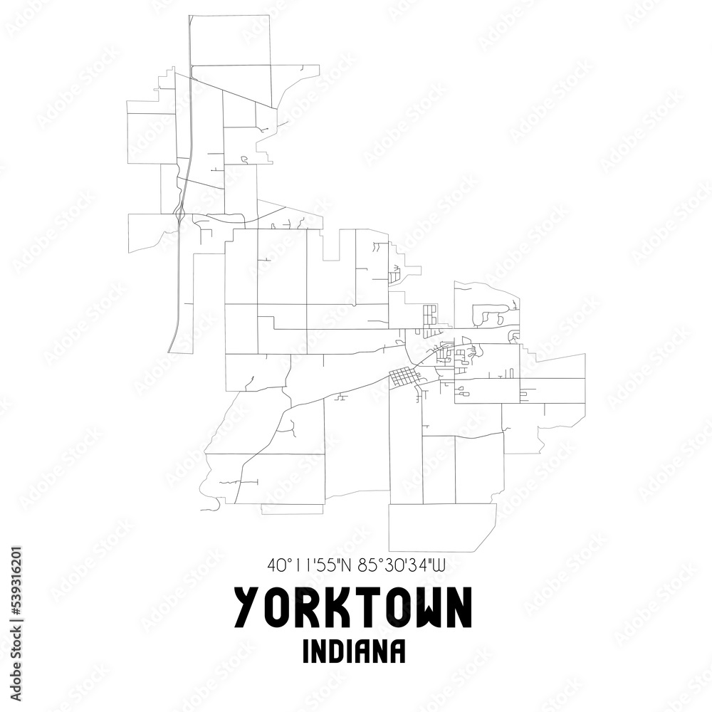 Yorktown Indiana. US street map with black and white lines.