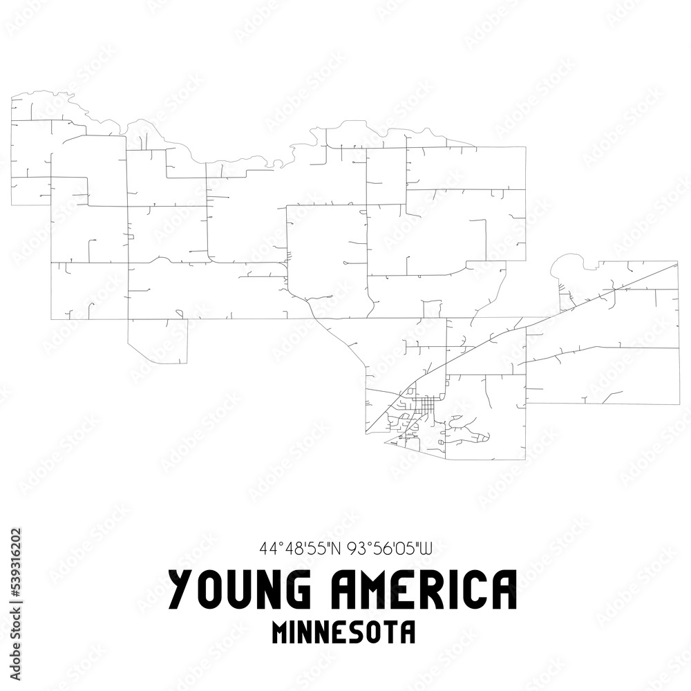 Young America Minnesota. US street map with black and white lines.