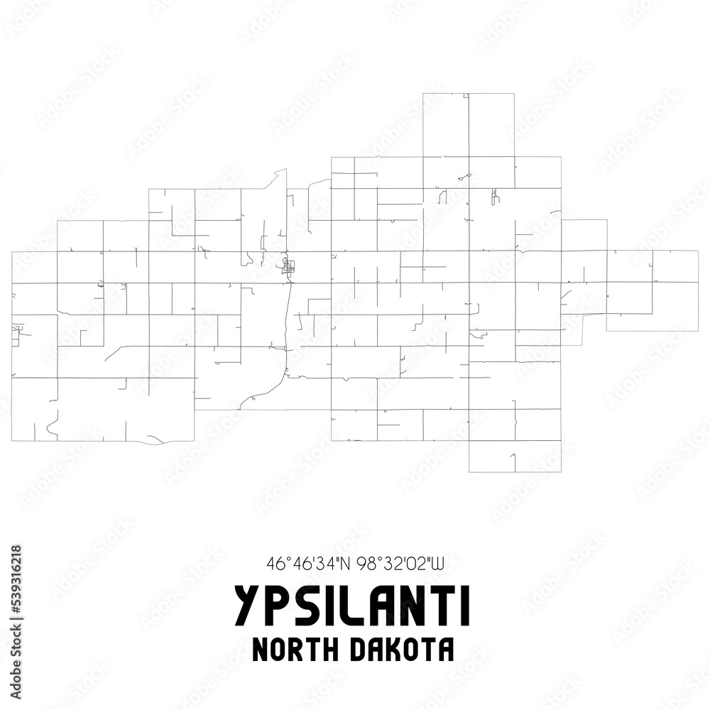 Ypsilanti North Dakota. US street map with black and white lines.