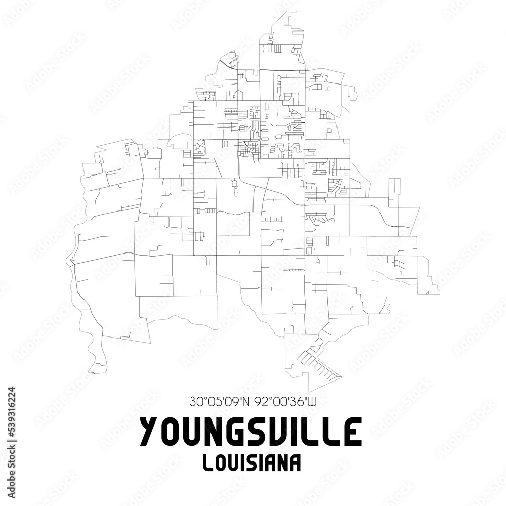 Youngsville Louisiana. US street map with black and white lines.