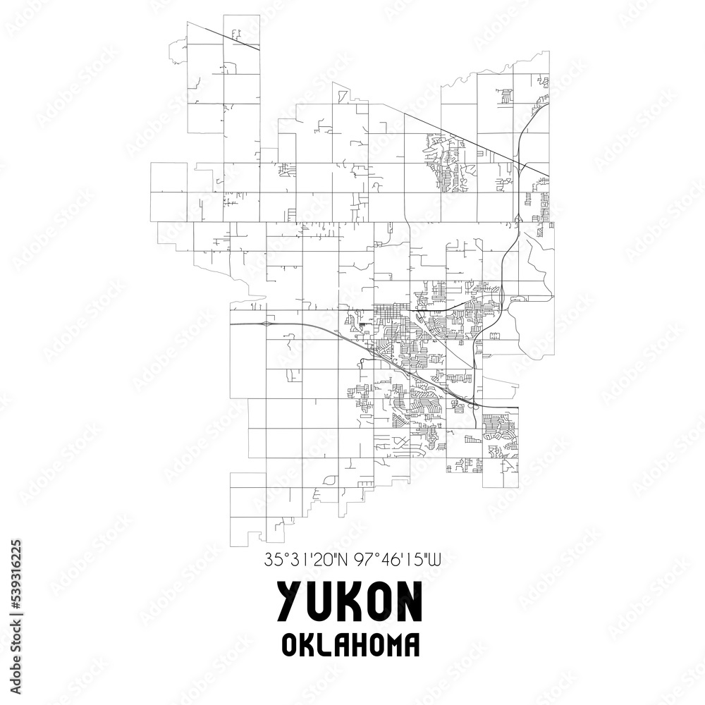 Yukon Oklahoma. US street map with black and white lines.