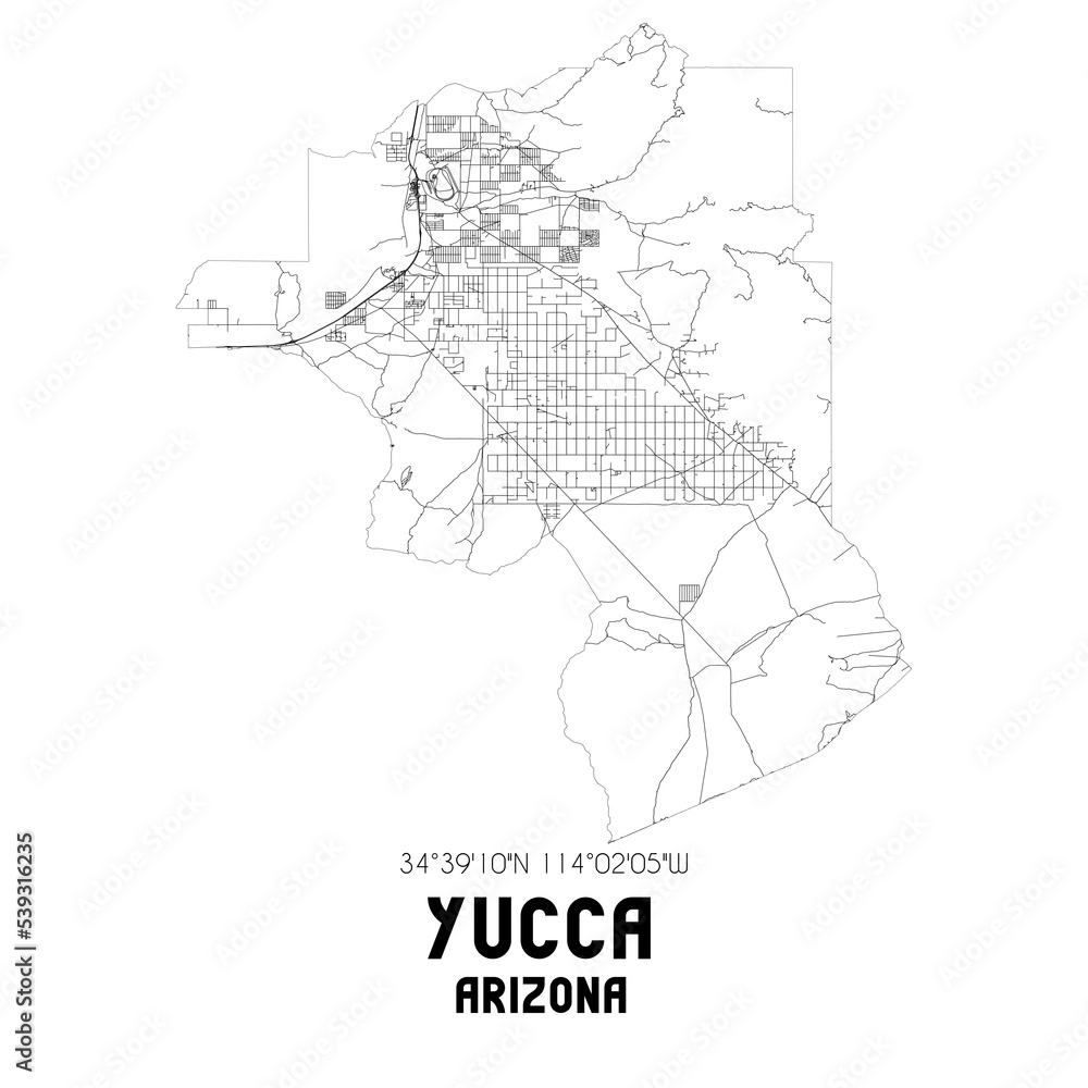 Yucca Arizona. US street map with black and white lines.