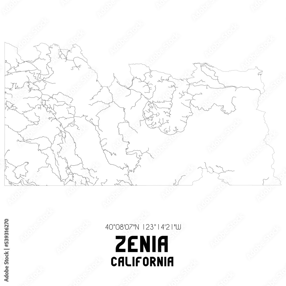 Zenia California. US street map with black and white lines.