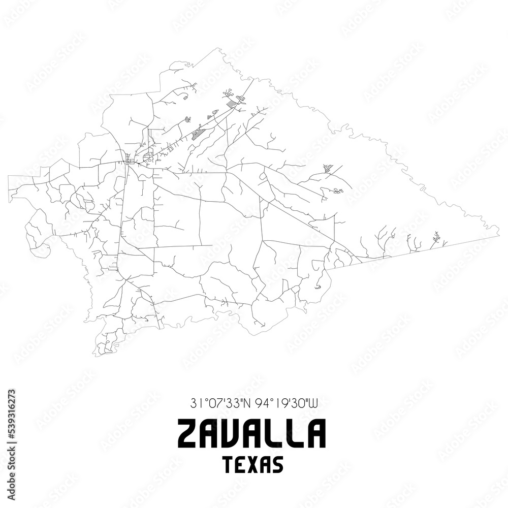 Zavalla Texas. US street map with black and white lines.