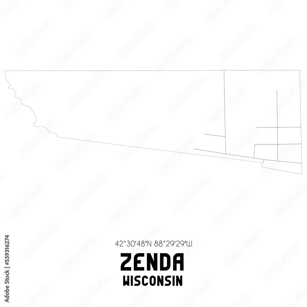 Zenda Wisconsin. US street map with black and white lines.
