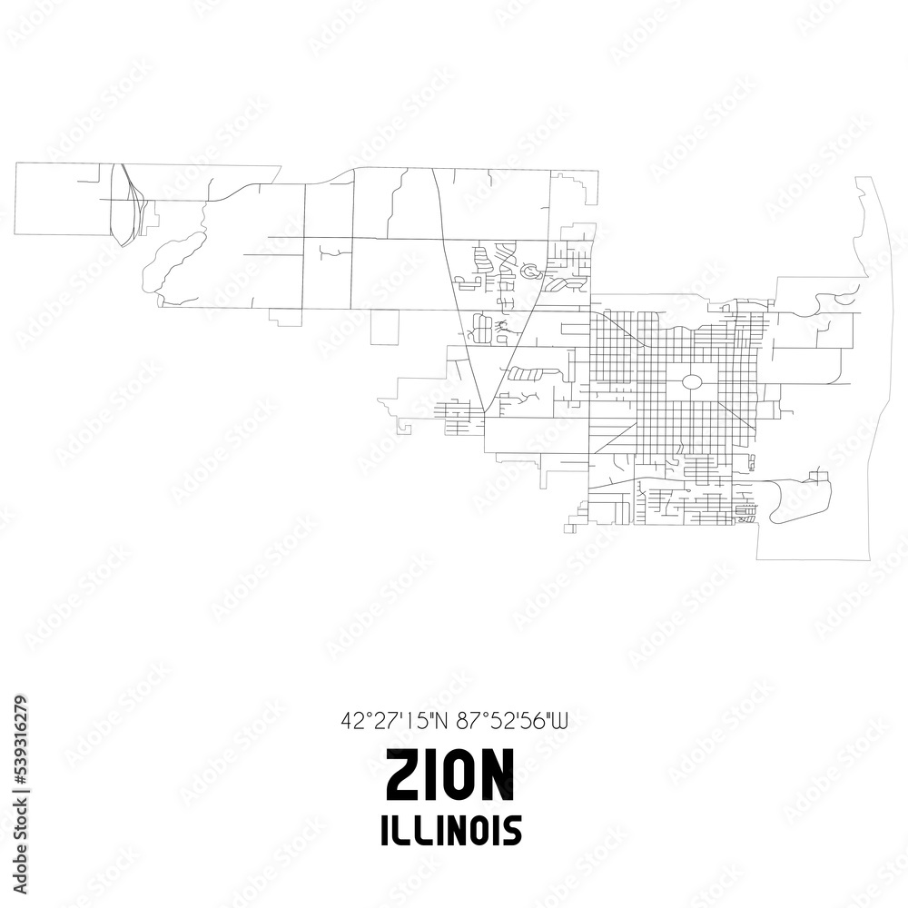 Zion Illinois. US street map with black and white lines.