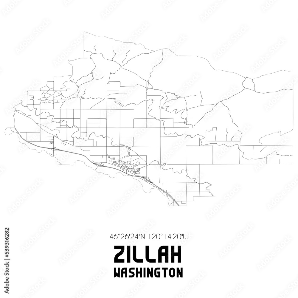 Zillah Washington. US street map with black and white lines.