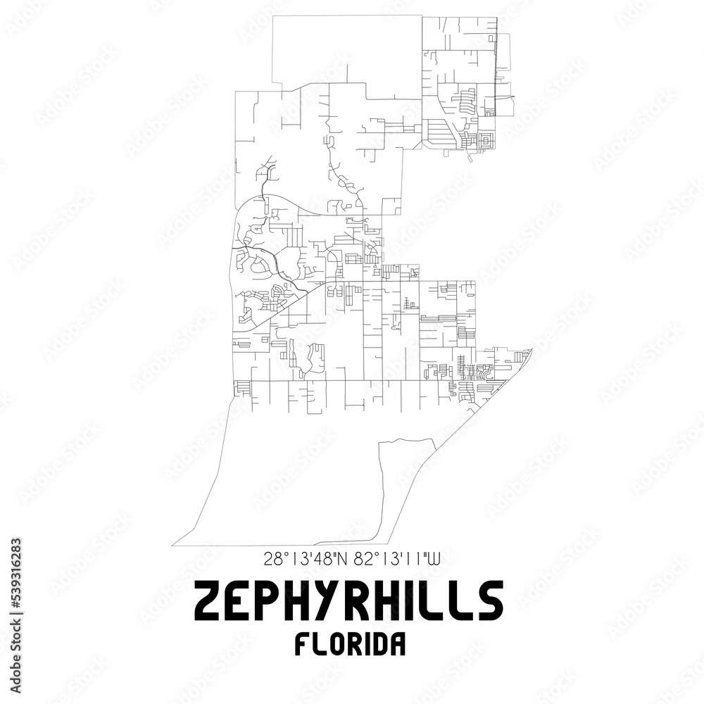 Zephyrhills Florida. US street map with black and white lines.