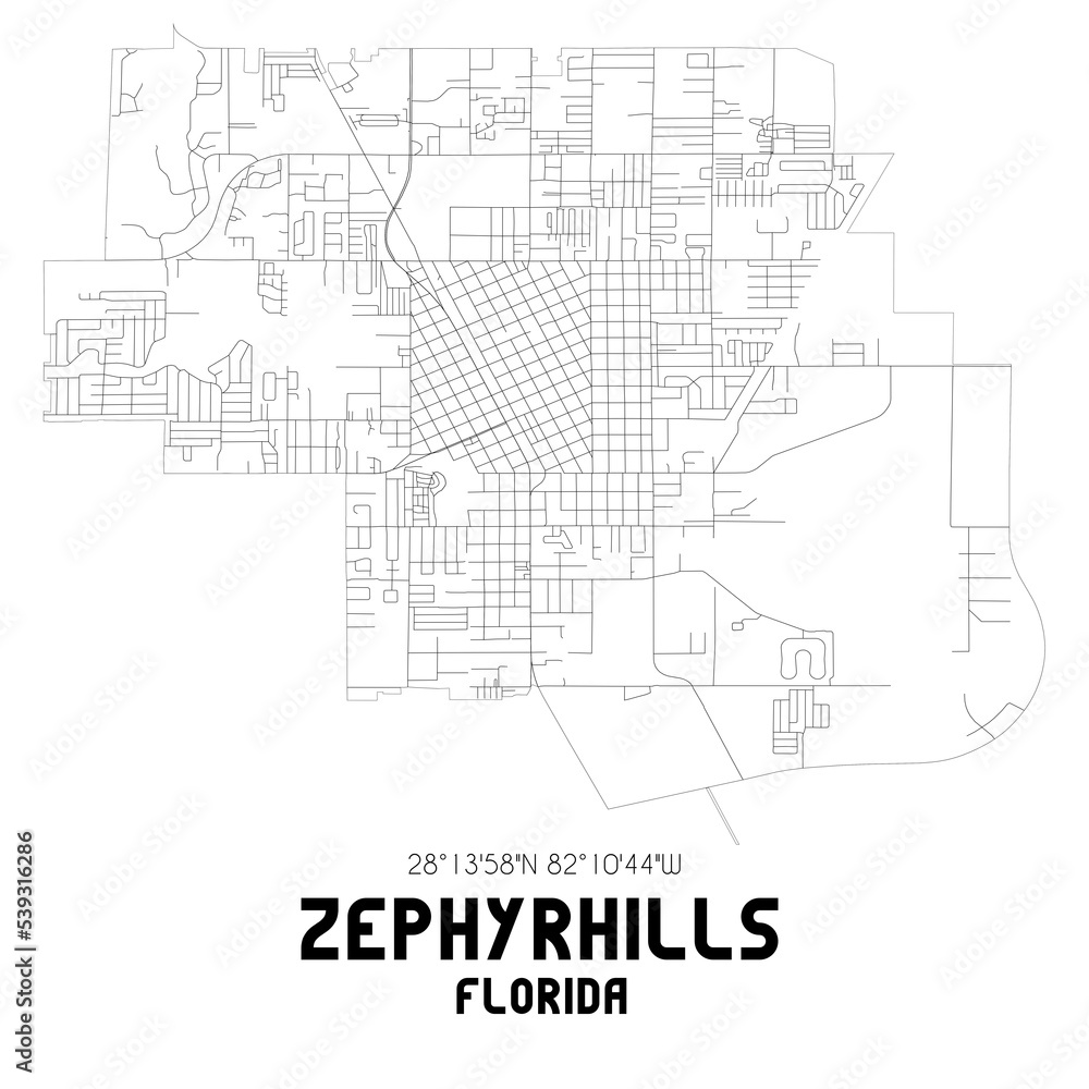Zephyrhills Florida. US street map with black and white lines.