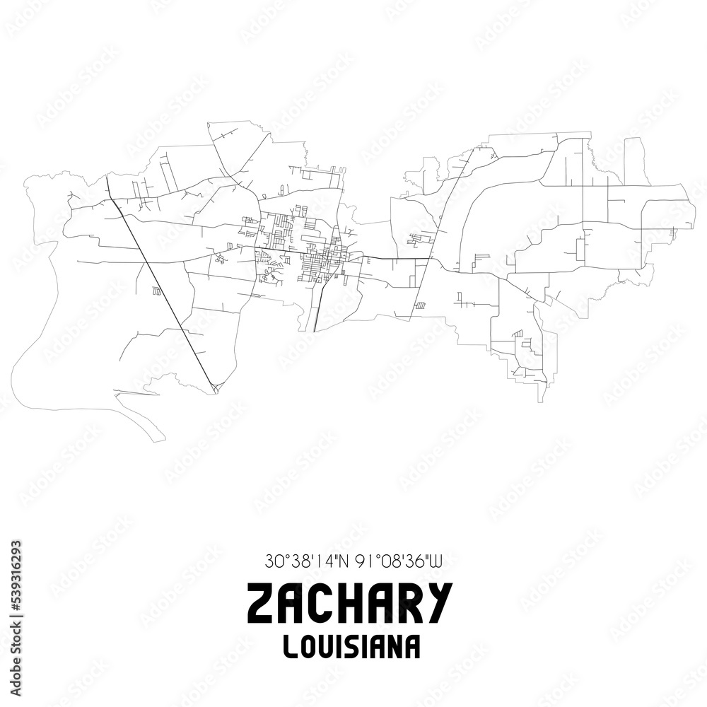 Zachary Louisiana. US street map with black and white lines.