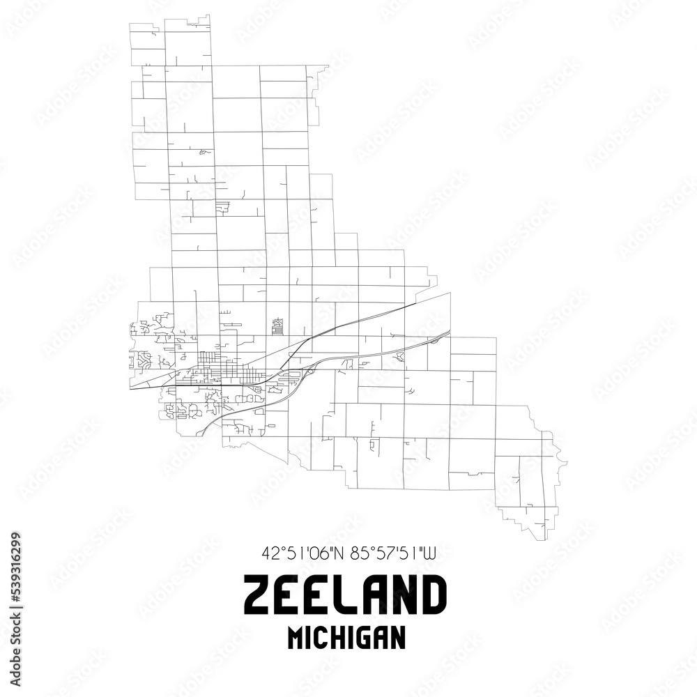 Zeeland Michigan. US street map with black and white lines.