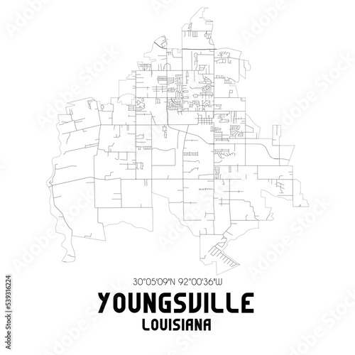 Youngsville Louisiana. US street map with black and white lines.