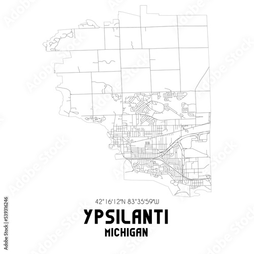 Ypsilanti Michigan. US street map with black and white lines.