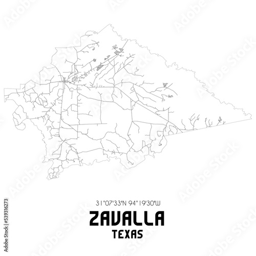 Zavalla Texas. US street map with black and white lines.