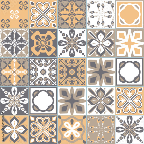 Beige yellow gray pastel ceramic tiles for wall decoration, stylish vintage pattern, vector illustration in traditional spanish portuguese style