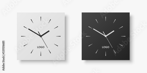 Vector 3d Realistic White, Black Square Wall Office Clock Set, Design Template Isolated on White. Dial with Roman Numerals. Mock-up of Wall Clock for Branding and Advertise Isolated. Clock Face Design