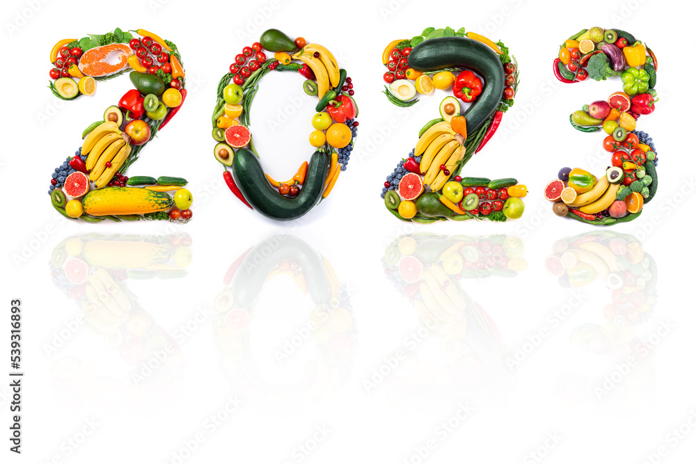 New Year 2023 made of vegetables, fruits and fish on white background