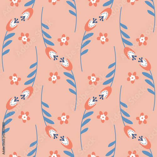bellflower on pink beige background seamless pattern, vector eps illustration