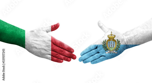 Handshake between Italy and San Marino flags painted on hands, isolated transparent image.