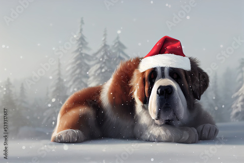 St Bernard dog wearing a Christmas hat in the snow.