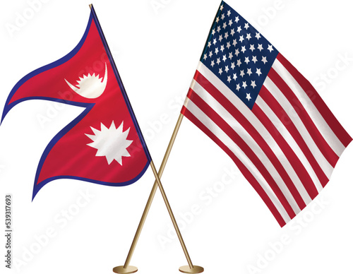  Nepal,US flag together.American,Nepalese waving flag together