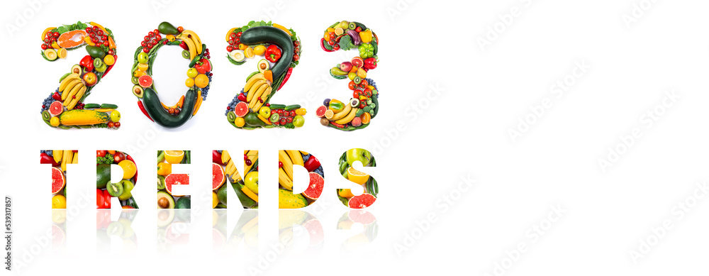 New year 2023 food trends. New Year 2023 made of vegetables, fruits and fish on white background. New years 2023 healthy food. 2023 resolutions, healthy eating, sustainable, goals concept. Copy space