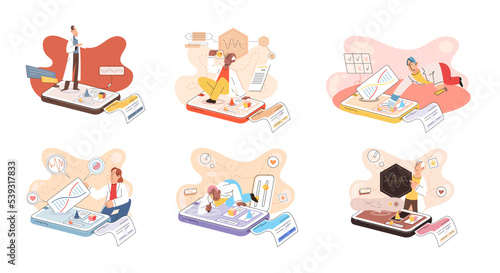 Online medical consultation and support metaphor. Online doctor. Healthcare services, Ask doctor. Tele medicine e-health service. Therapist videocalling phone screen. Diagnosis treatment of patients