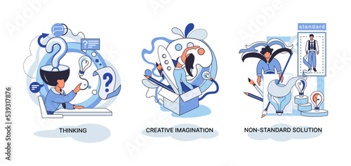 Creative thinking. People with different mental mindset types or model creative. Imaginative logical and structural thinking. MBTI person metaphor. Non standart solution. Brain think people solve idea