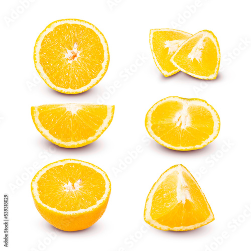 Collection of sliced fruit oranges on white background