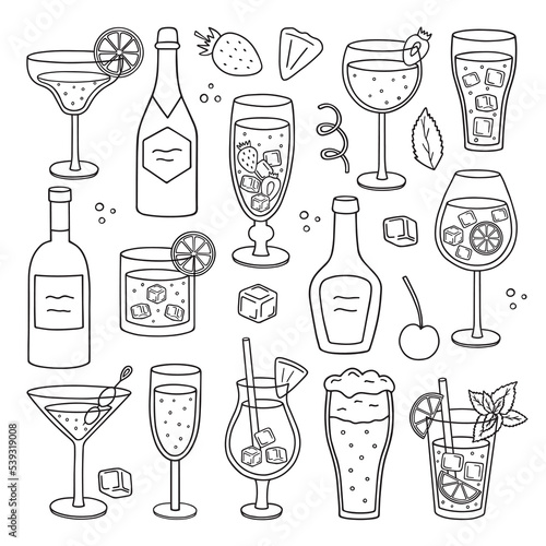 Cocktails and Alcohol Drinks doodle set. Wine, champagne in sketch style. Hand drawn vector illustration isolated on white background