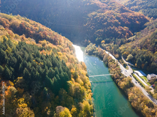 Aerial Autumn view of Pasarel reservoir, Bulgaria