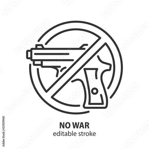 Hand gun line icon. No war vector symbol with revolver. Stop war sign. Editable stroke.