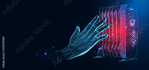 Warming up hand over electric heater. Polygon vector wireframe concept. Headline