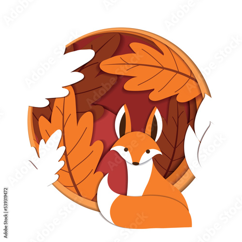 Cute fox with some autumn leaves Autumn paper art Vector