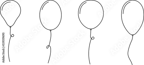 Balloon outline icons. Balloon with string in line cartoon style. Different shapes of ballons for birthday, party and wedding. Black contour of baloon silhouettes 
