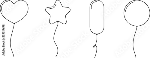 Balloon outline icons. Balloon with string in line cartoon style. Different shapes of ballons for birthday, party and wedding. Black contour of baloon silhouettes 