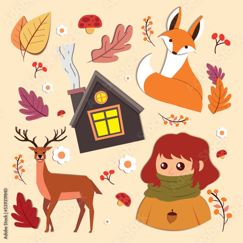 Seamless pattern background with autumn animal and leaves Vector