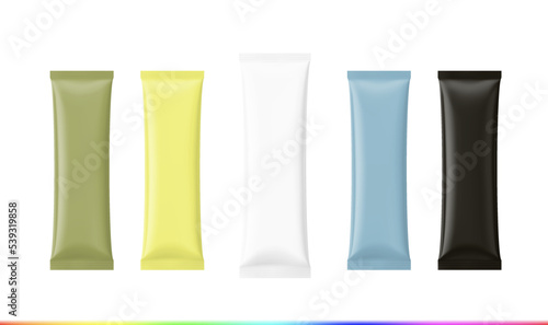 Set of realistic package stick mockup. Vector illustration isolated on white background. You can easily pick it in any color. It can be used for sugar, coffee, ketchup, powder, cosmetics and etc.