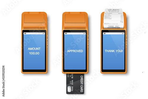 Vector 3d Realistic Orange Wi-Fi Payment Machine, Credit Card, Receipt. POS Terminal Isolated. Design Template, Bank Payment Terminal, Mockup. Processing NFC Payments Device. Top View