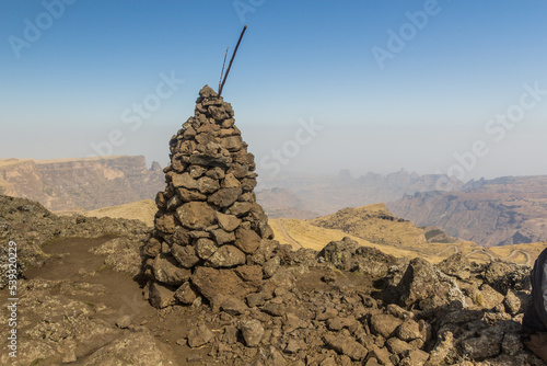 Stone mound on Mount Bwahit peak in Simien mountains, Ethiopia photo