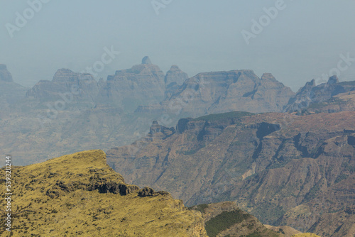 View of Simien mountains from Mount Bwahit peak, Ethiopia photo