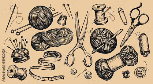 Knitting concept set items. Clew and knitting needles, wool yarn, tailor scissors, needle, thread. Vintage sketch vector