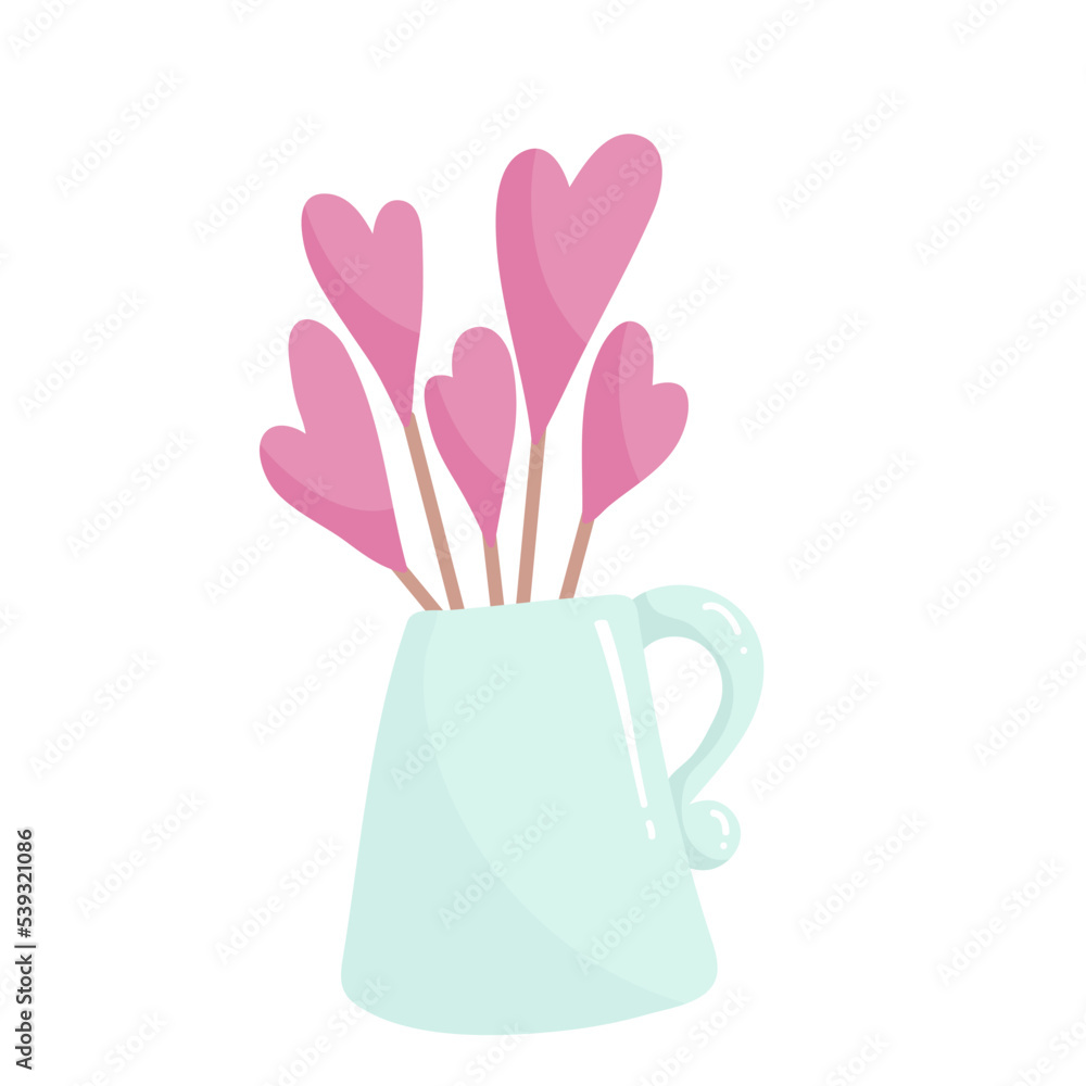 Cartoon vase with valentines.Vector graphics.