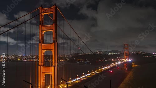 Golden Gate Bridge traffic night timelapse with San Francisco skyline in backgound
California, USA photo