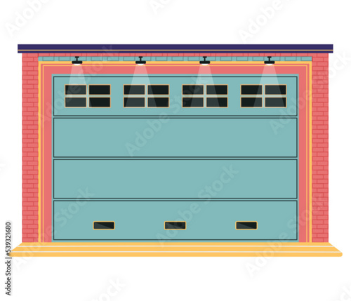 Garage door from various material with mechanical or automatic control system. Roller gate in premises for storing vehicles. Roll door in garage, car house storage isolated on white background