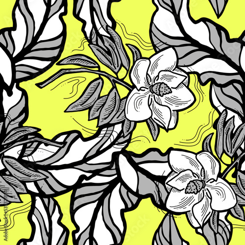 Nature seamless vector pattern with hand drawn twig  tree branch with leaves  tropical summer time. Ecological rural theme for poster print  wrapping paper  wallpaper  clothes textile  fabric design.