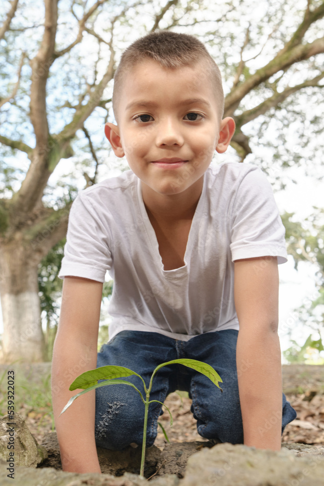 latin boy kneeling down proudly showing the plant he planted and looking at the camera latin boy kneeling down proudly showing the plant he planted and looking at the camera