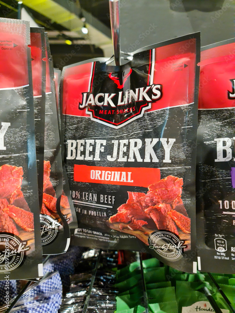 Kiel, Germany 16. October 2022 Bags of beef jerky in a supermarket