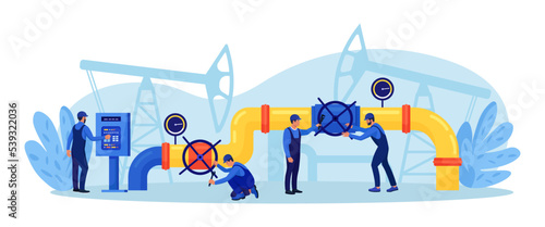 Oil industry, gas production. Operators control oil and gas transportation from plant with oil pipeline. Fossil resource. Fuel products. Engineers in workwear inspect petroleum pipelines