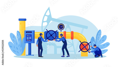 Oil industry, gas production. Operators control oil and gas transportation from plant with oil pipeline. Fossil resource. Fuel products. Engineers in workwear inspect petroleum pipelines